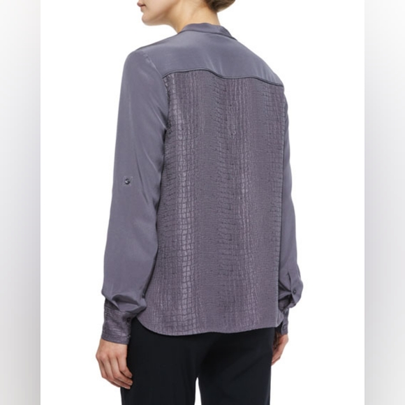 VINCE Silk Crocodile Embossed Blouse Long Tab Sleeve Grey Gray Top Button Down S - Picture 8 of 16